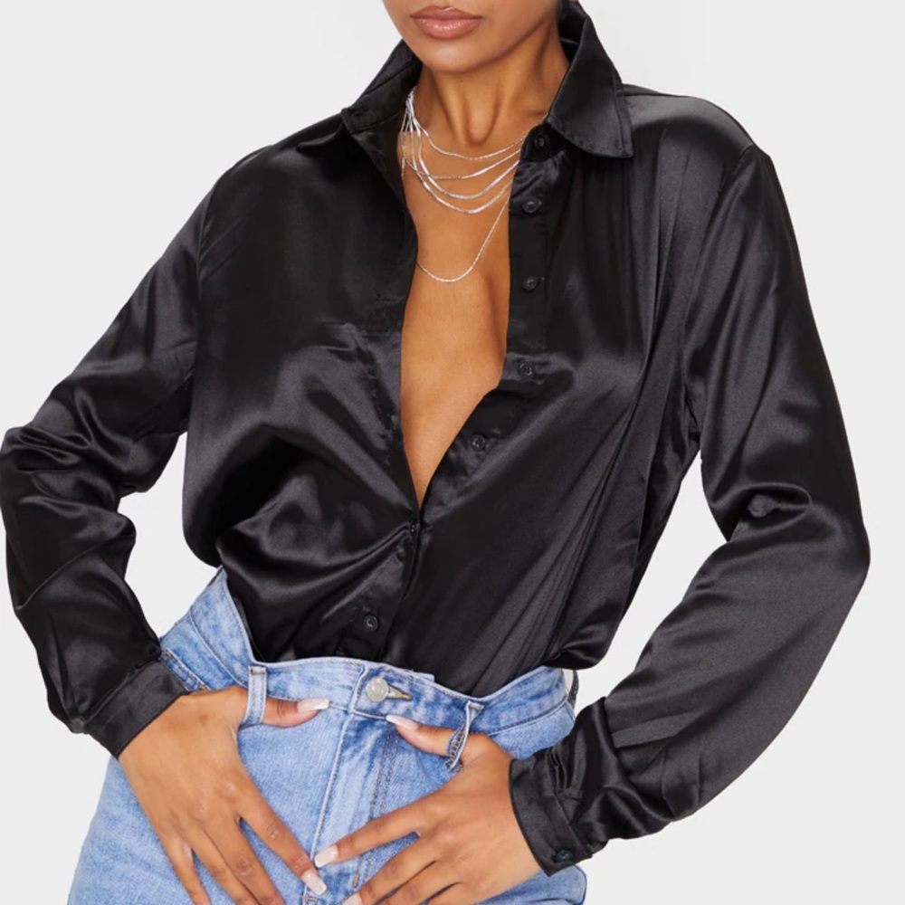 Black Satin Button Front Shirt
